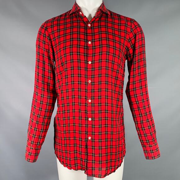 GABRIELE PASINI Size M Red Black Plaid Lyocell Button Up Long Sleeve Shirt - Picture 1 of 7